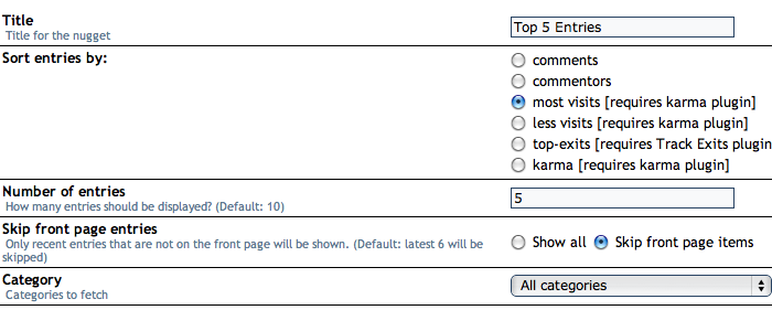 Settings at Popular Entries Plugin