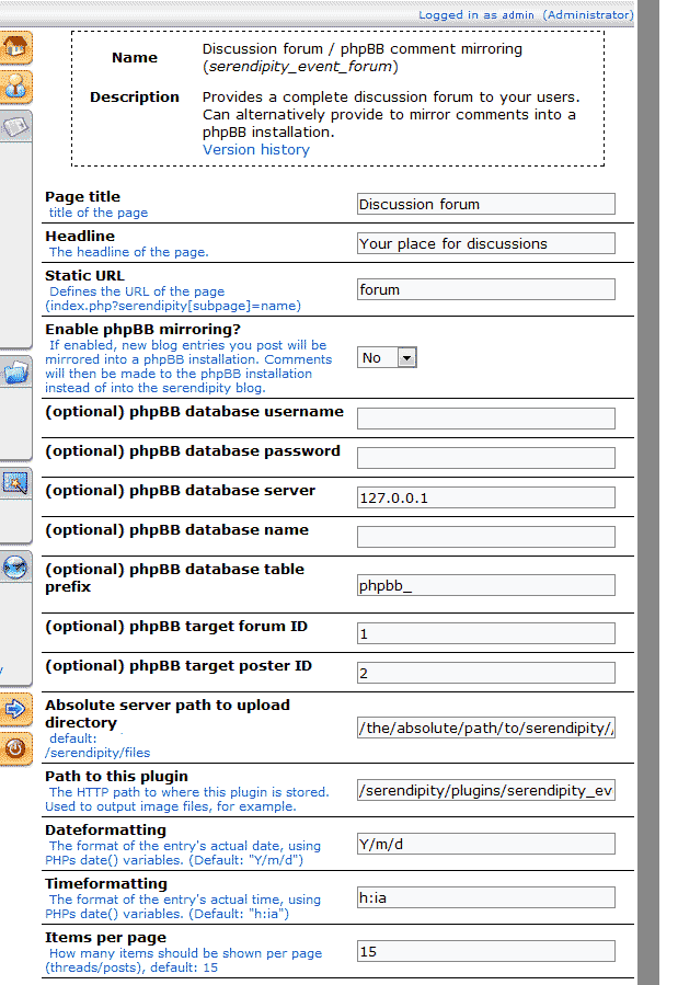 the forum plugins config - with example paths!